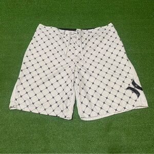Vintage Hurley Board Shorts Mens 2XL White Black Geometric Surf Swim Trunks Y2K